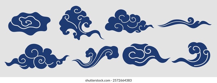 Set of blue cloud illustrations with swirling patterns. Decorative cloud designs, perfect for Asian-themed art. Blue clouds with intricate swirls. Chinese weather elements, vector set.