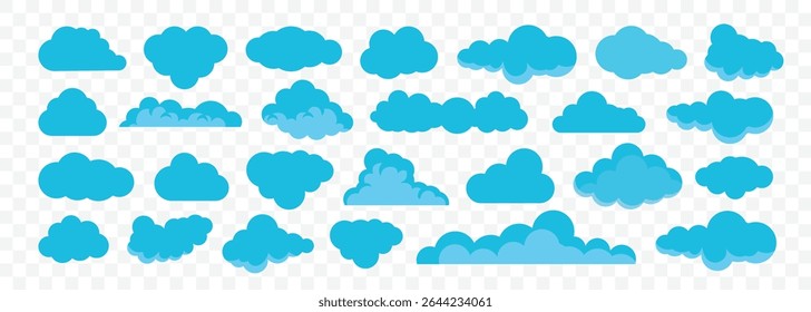 Conjunto de nuvem azul set.Cute fofo, nuvens borbulhante coleção.Nuvem de desenho animado de forma diferente em um design plano.Coleção de elementos gráficos para o site. Ilustração vetorial.