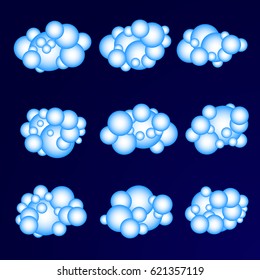 Set of blue clouds. Cloud icon, cloud shape. Set of different clouds. Collection of cloud icon, shape, symbol. Graphic element vector. Vector design element for logo, web and print. Rain clouds.