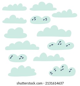 Set blue clouds doodle illustration Hand drawn nursery baby scandinavian style, kids clipart naive art