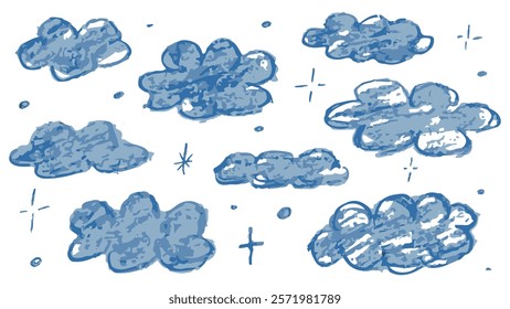 Set of blue clouds drawn in chalk, children's drawing of the sky, hand drawn cartoon cloudy sky, collection of abstract pencil clouds, imitation of a child's drawing with pencils on blackboard