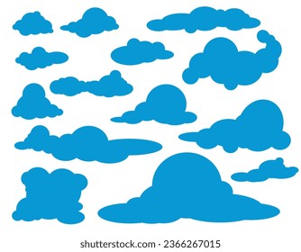 Set of blue clouds in flat style on a transparent background, abstract shapes, vector graphics, design elements for packaging and textile design, nature elements