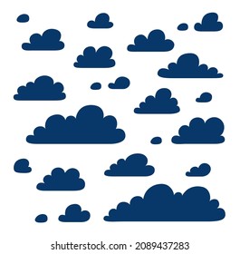 Conjunto de nubes azules aisladas en fondo blanco, colección de nubes silhoutte ilustración vectorial de dibujos animados