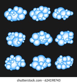 Set of blue clouds on black background. Cumulus clouds. Cloud icon, cloud shape. Set of different clouds. Collection of cloud icon, shape, label, symbol. Graphic element vector.