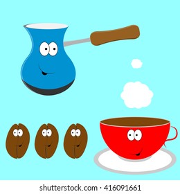 Set of blue coffeemakers, red cup and coffee beans and blue background in cartoon style. Vector illustration . To the emblem, logo, menu, design elements.