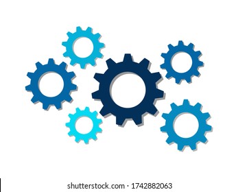 Set of blue color conected gears for strategy,network,service,service,comunication business.Cooperation teamwork with rotation cogwheel machanical system concept flat design, vector illustration.