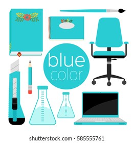 Set of blue color items: towel, brush, chair, paper cutter, chemical flasks, pencil, laptop