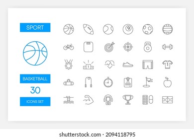 Set of blue color line icons of Sport isolated on white background. Vector illustration.