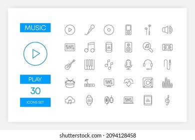 Set of blue color line icons of Music isolated on white background. Vector illustration.