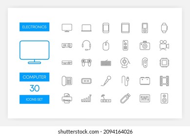 Set of blue color line icons of Electronics isolated on white background. Vector illustration.