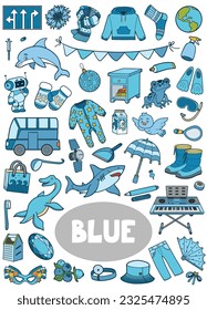 Set of blue color objects. Visual dictionary for children about the basic colors. Vertical cartoon sheet with isolated images to learning for kindergarten and preschool learning