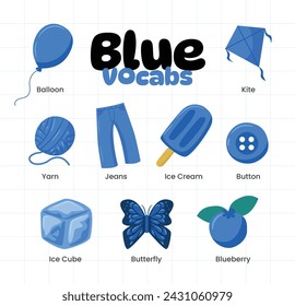 Set of blue color objects. Primary colors flashcard with blue