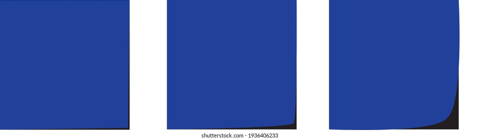 Set of blue color sheets of note paper isolated on white background. Three sticky notes with curls or shadows. Vector illustration