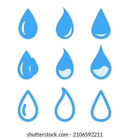 Set of blue color water drops. Flat droplet shapes collection. Liquid symbol. Outline and flat style