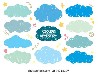 Set of blue color wax crayon drawing fluffy cloud vector. Hand drawn doodle weather sky pattern. Childish pencil drawn clouds element. Sketch cloudy star in kids style. Colorful weather cartoon. kid