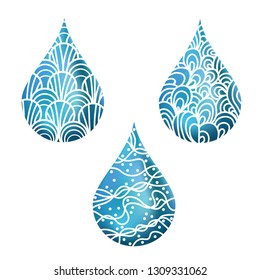 Set of blue colored different water drop icons vector, creative aqua logo, eco sign, pattern rain,  fresh symbol