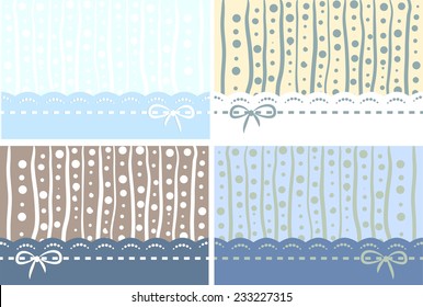 A set of blue colored pastel backgrounds with lace and bows for baby or girly design