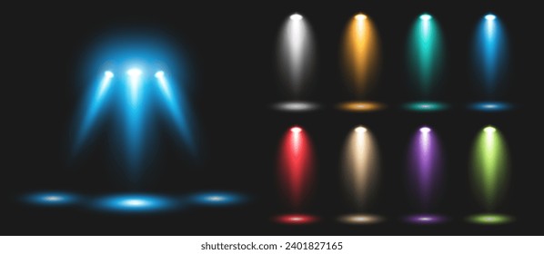 A set of blue and colored spotlights to illuminate the stage with rays on a black background. Luminous transparent lighting effects. Vector illustration.