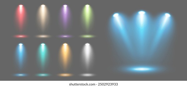 A set of blue and colored spotlights to illuminate the stage with rays on a gray background. Luminous transparent lighting effects. Vector illustration.