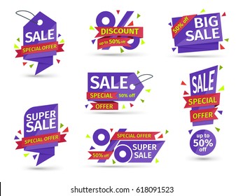 Set of blue colored stickers and banners. Big set of beautiful discount and promotion banners. Advertising element. Sale banner tag. Geometric shapes and confetti. Vector illustration.