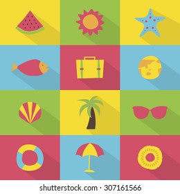 A set of blue colorful vector icons for summer vacation, background, pattern.
water melon, fish, clam, shellfish, palm tree, sunglasses, earth, tube, sun, starfish, pine apple. ice cream, travel bag.
