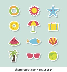 A set of blue colorful vector icons for summer vacation, background, pattern.
water melon, fish, clam, shellfish, palm tree, sunglasses, earth, tube, sun, starfish, pine apple. ice cream, travel bag.