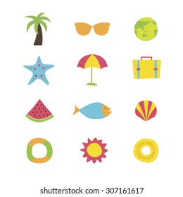 A set of blue colorful vector icons for summer vacation, background, pattern.
water melon, fish, clam, shellfish, palm tree, sunglasses, earth, tube, sun, starfish, pine apple. ice cream, travel bag.