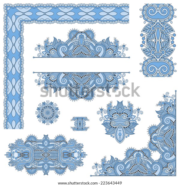 set of blue colour paisley floral design\
elements for page decoration, frame, corner, divider, circle\
snowflake, stripe pattern, vector\
illustration