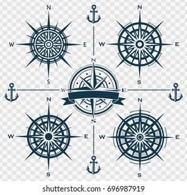 Set of blue compass roses or wind roses on transparent background. Vector illustration.