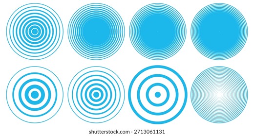 Set of blue concentric circles, spirals in cartoon style. Vector illustration of various: local pain points, sound signals, radio waves, ripples, isolated on white background.