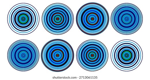 Set of blue concentric circles, spirals in cartoon style. Vector illustration of various: local pain points, sound signals, radio waves, ripples, isolated on white background.