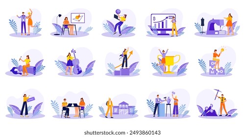 Set of blue concepts with people scene in flat cartoon design. Impressive scenes using a beautiful color palette are depicted in this collection. Vector illustration.