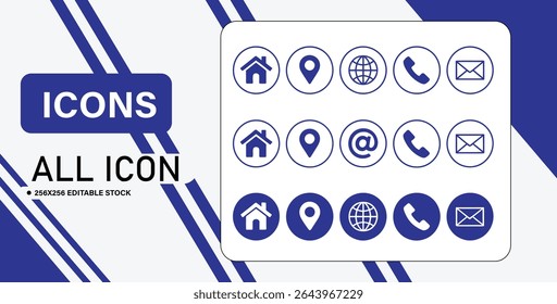 Um conjunto de ícones azuis de contato, incluindo casa, pin de localização, globo, telefone e e-mail, apresentados em diferentes estilos.