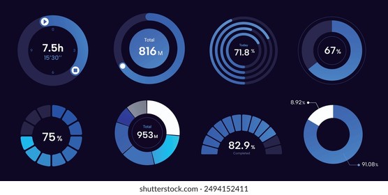 set of blue cool pie chart. technology visual chart