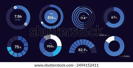 set of blue cool pie chart. technology visual chart