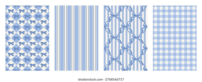 Set of blue coquette seamless pattern with bows. Striped, plaid and diamond repeating print for wrapping paper, fabric and textile. Gingham or vichy. Flirtatious patterns. Vector illustration