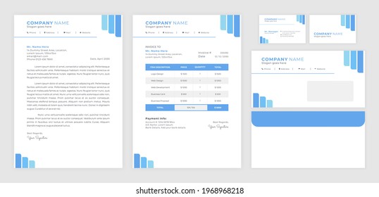 Conjunto de identidad corporativa azul, incluyendo membrete, factura, sobre y tarjeta de visita