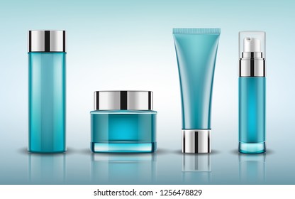 Set blue cosmetic bottles packaging mockup, ready for your design, vector illustration.