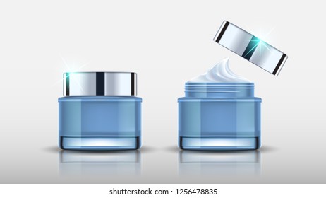 Set blue cosmetic bottles packaging mock up and cream, ready for your design, vector illustration.