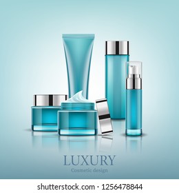 Set blue cosmetic bottles packaging mock up, ready for your design, vector illustration.