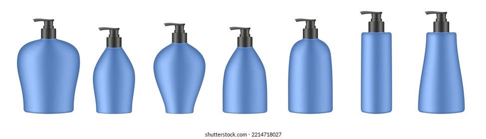 Set of blue cosmetic bottles with pump. Dispenser. Liquid soap or shower gel. Professional shampoo
