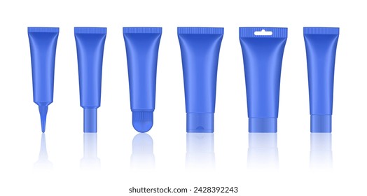 Set of blue cosmetic tubes. Closed blank tubes with caps. Realistic mockup. Long nozzle tube. for ointment or salve. Gel serum. Korean packaging. Lip gloss