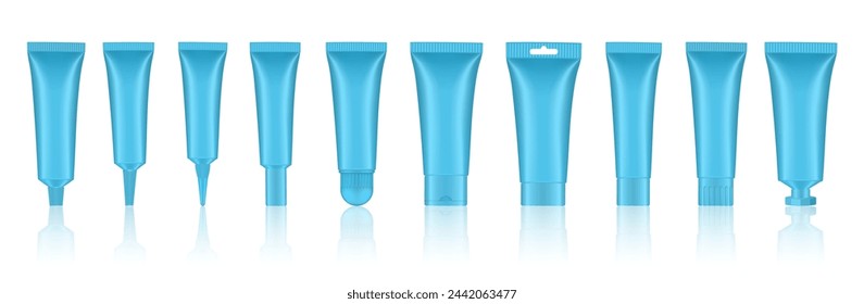 Set of blue cosmetic tubes. Closed blank tubes with caps. Realistic mockup. Long nozzle tube. for ointment or salve. Gel serum. Korean packaging. Lip gloss. Toothpaste. Hand cream