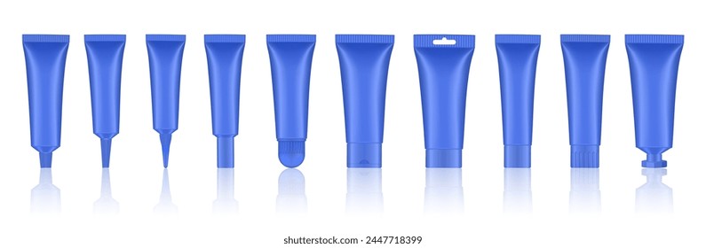 Set of blue cosmetic tubes. Closed blank tubes with caps. Realistic mockup. Long nozzle tube. for ointment or salve. Gel serum. Korean packaging. Lip gloss. Toothpaste. Hand cream