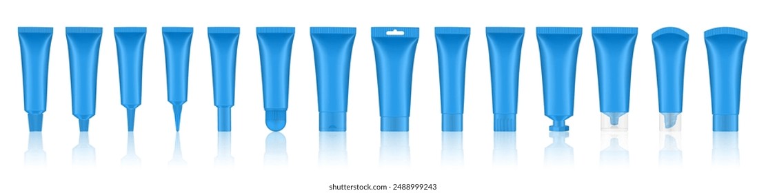 Set of blue cosmetic tubes. Closed blank tubes with caps. Realistic mockup. Long nozzle tube. for ointment or salve. Gel serum. Korean packaging. Lip gloss. Toothpaste. Hand cream