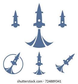 Set of blue cosmic rocket icon. Rocket flight sign.