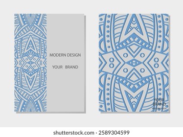Set of blue covers, vertical templates. Collection of relief, geometric 3D backgrounds, embossing. Mandala, arabesques, logo. Ethnic ornaments and patterns of the East, Asia, India, Mexico, Aztec.