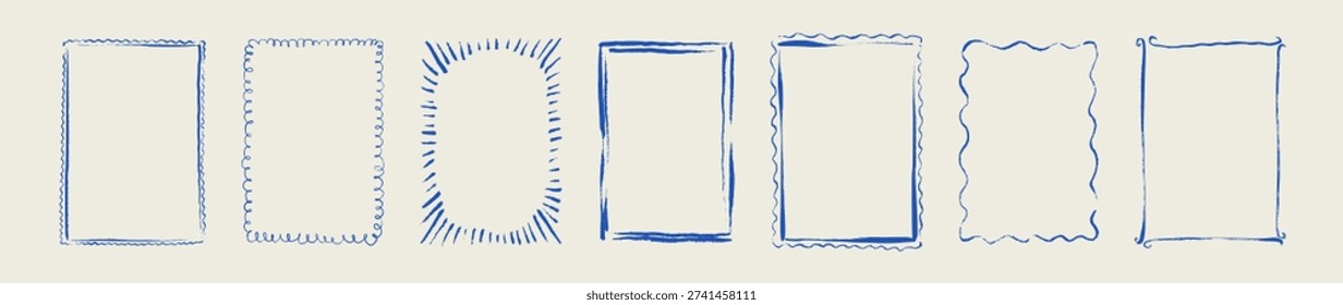 Set of blue crayon doodle hand drawn sketch coastal rectangle frames. Italian style marine sea side design element. Postal summer stamp, scalloped edge, oval shape charcoal border freehand drawing