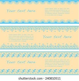 Set of blue and cream traditional Indian henna pattern horizontal banners with space for text