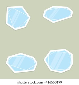 Set of blue crystal labels, vector shapes. Cartoon crystal stickers